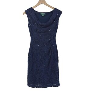 Lauren Ralph Lauren Dress Size 4P Blue‎ Lace Sequin Sleeveless Cocktail Party